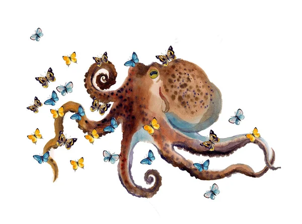 Aquarell Krake Mit Schmetterlingen Oktopus Silhuette Wildtiere Aquarell Krake Auf — Stockfoto
