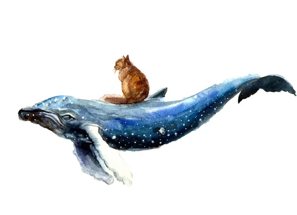 水彩画鲸鱼手绘的图画孤立在白色背景上 动物水彩画轮廓草图 手绘艺术图解 明信片 贴纸的图解 — 图库照片
