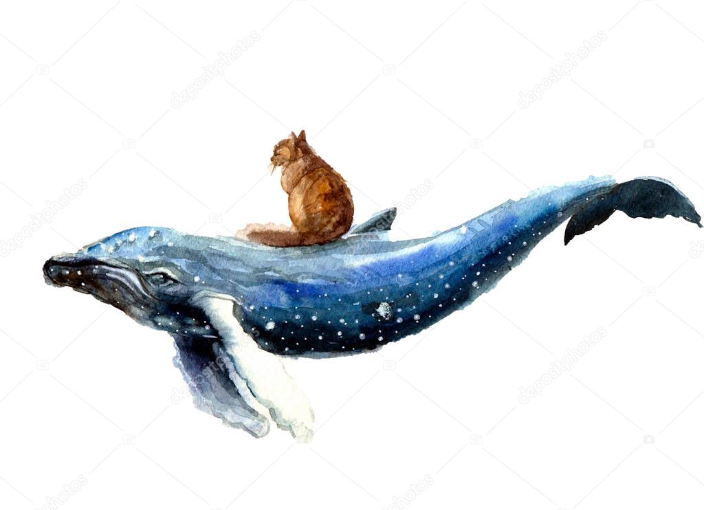 Watercolor whale hand painted illustration isolated on white background.Animal watercolor silhouette sketch. Hand draw art illustration.Graphic for fabric,tee-shirt, postcard, greeting card, sticker.