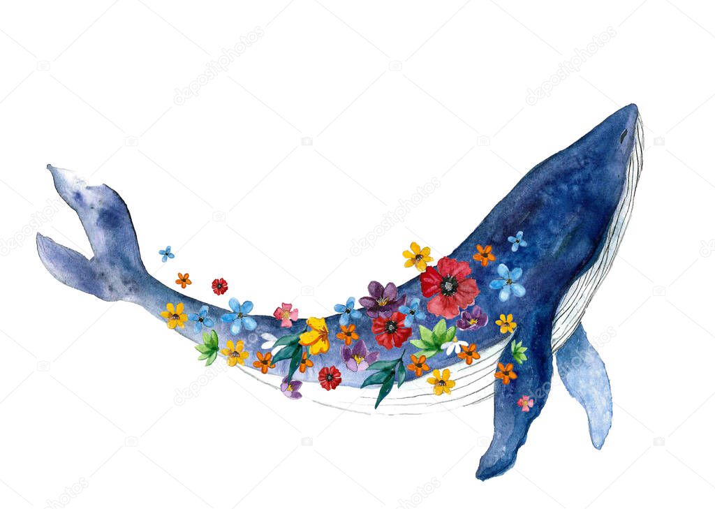 Watercolor whale hand painted illustration isolated on white background.Animal watercolor silhouette sketch. Hand draw art illustration.Graphic for fabric,tee-shirt, postcard, greeting card, sticker.Realistic underwater animal art.