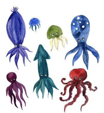 Beyaz arka planda suluboya ahtapot. Hayvan suluboya siluet çizimi. El çizimi resim çizimi. Kumaş, tişört, kartpostal, tebrik kartı, kitap, poster, çıkartma grafikleri. Suluboya ahtapot. Yaratıcı çizimler. Bebek ahtapot. 
