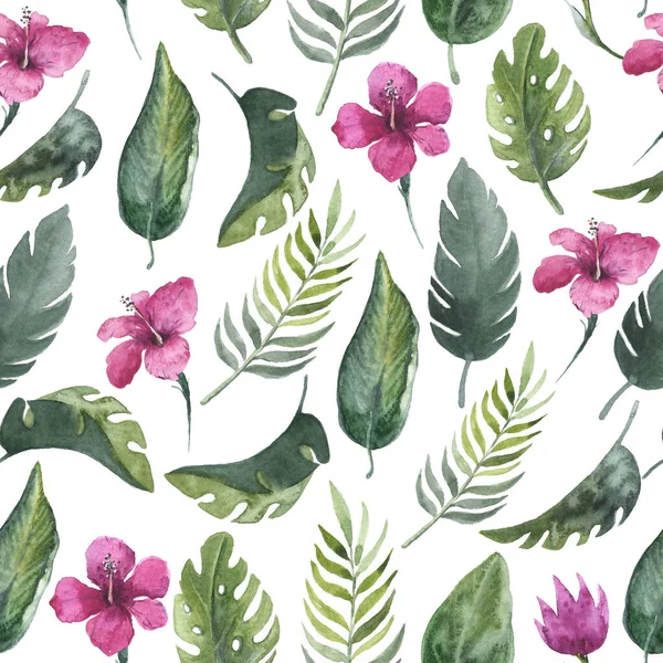 Akvarel Bezešvný Vzor Tropickými Zelenými Listy Tropickými Růžovými Květy Slouží — Stock fotografie
