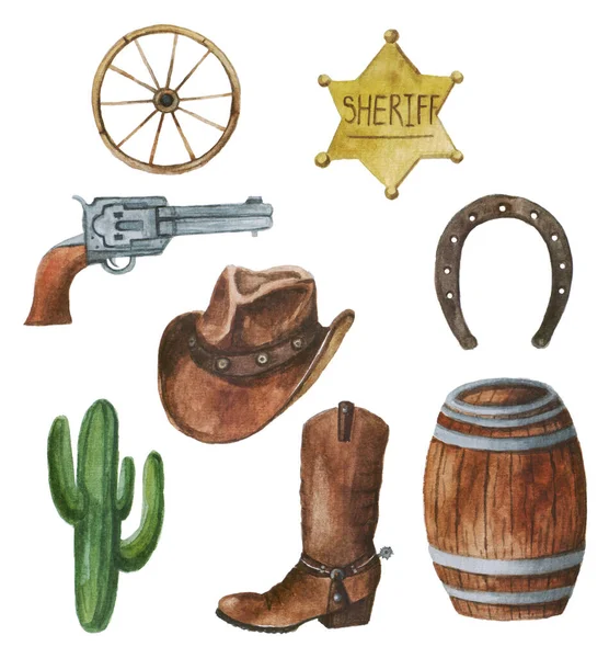 Conjunto Aquarela Wild West Coleção Com Chapéu Cowboy Crachá Xerife — Fotografia de Stock