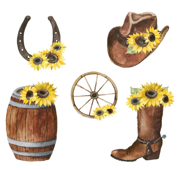 Wild west watercolor set. Collection with cowboy hat, sheriff badge, boots, barrel, wheel, horseshoe, cactus, revolver. Sunflower set. Floral and wild west set