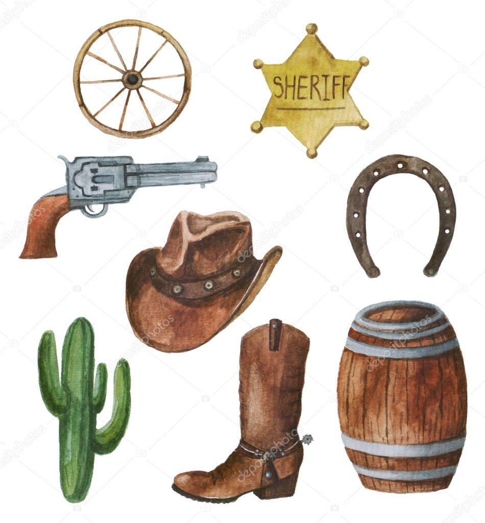 Wild west watercolor set. Collection with cowboy hat, sheriff badge, boots, barrel, wheel, horseshoe, cactus, revolver.