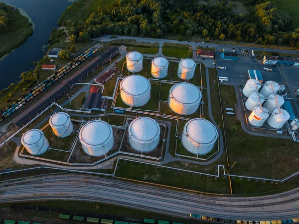 Gas storage terminal in the sea port. Baltic sea, Daugava river. Aerial, Riga, Latvija.