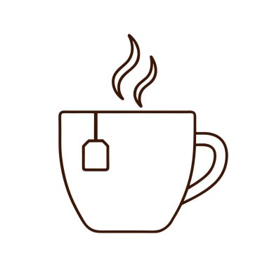 Kahverengi fincanın, çay poşeti etiketli ve beyaz arka planda yükselen buharlı minimumda çizilmiş hali. Temiz ve basit tasarım menüler, tabelalar veya markalar için mükemmeldir..