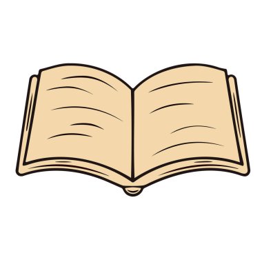 Açık bir kitabın bej sayfalı, siyah çizgili ve metni işaret eden kıvrımlı çizgili basit bir tasviri. Eğitim veya edebiyat temaları için minimum ve temiz tasarım ideali.
