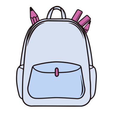 Ön ve yan cepleri olan açık mavi bir sırt çantasında pembe bir kalem, cetvel ve kalın çizgili parlak bir çizgi film tarzı kalem bulunur. Oyuncu tasarım ve en küçük detaylar neşeli ve modern bir görünüm yaratır..