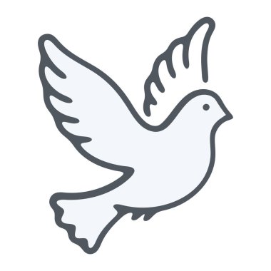 Beyaz arka planda izole edilmiş, uçan bir güvercinin basit, düz bir sanat simgesi. Bu minimalist vektör grafiği barışın, umudun, özgürlüğün ve ruhaniliğin evrensel bir sembolüdür.