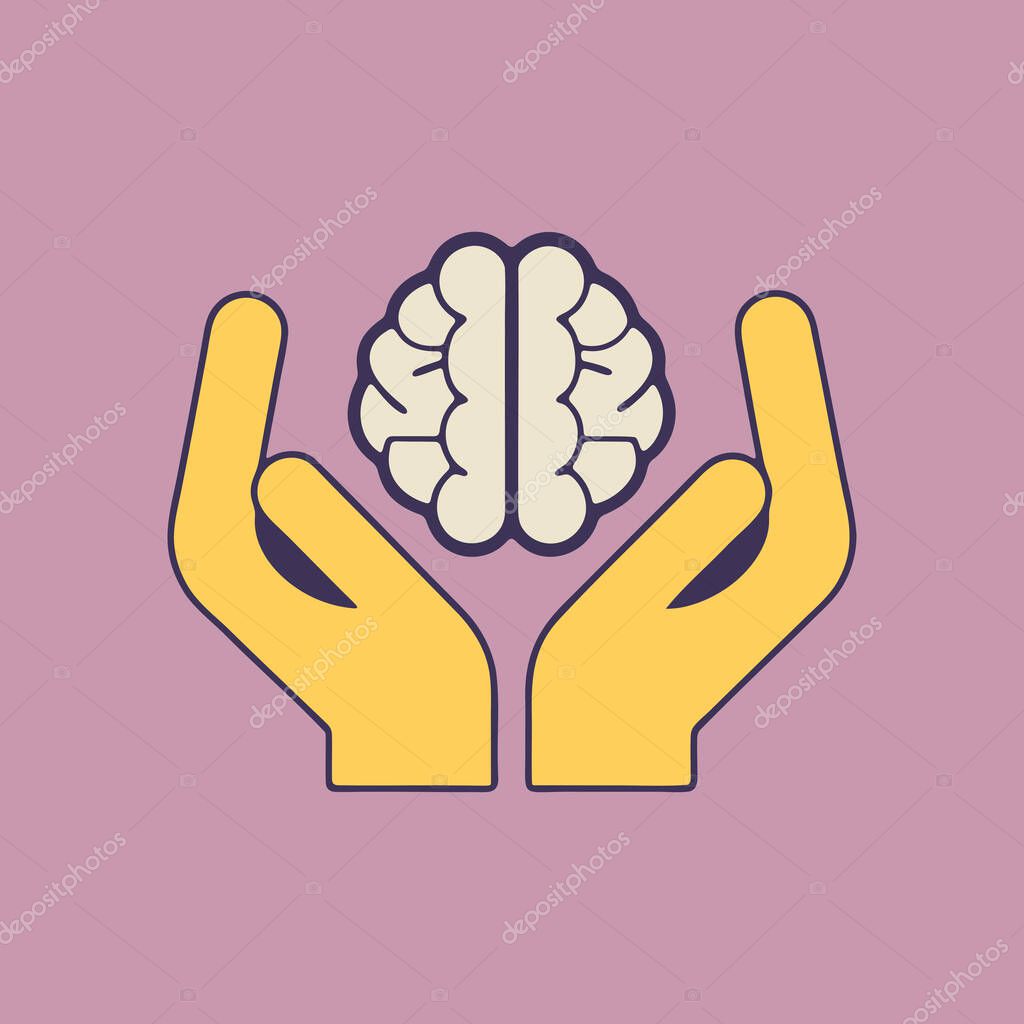 An icon of hands holding a brain, representing mental health, care, and wellness. A concept illustration about psychology, support, and the human mind