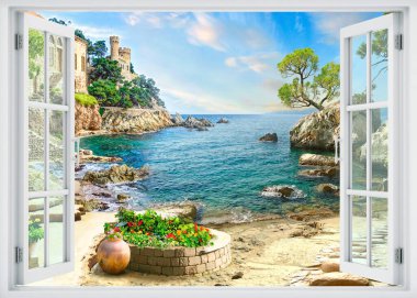 Açık bir pencereden güzel bir manzara çarpıcı bir kıyı manzarasını gözler önüne seriyor. Yeşillik, kayalık oluşumlar ve yumuşak dalgalar sakin bir atmosfer yaratır. Batan güneş sıcak bir ışık saçıyor, doğanın canlı renklerini güçlendiriyor ve barış sağlıyor.