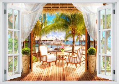 Parlak güneş ışığı açık bir pencereden parlıyor ve tropik bir tatil köyünde rahatlatıcı bir oturma alanını ortaya çıkarıyor. Bereketli palmiye ağaçları rüzgarda hafifçe sallanıyor, okyanusun ve kumsalın çarpıcı manzarasını çerçeveliyor, mükemmel bir kaçış cenneti sergiliyor..