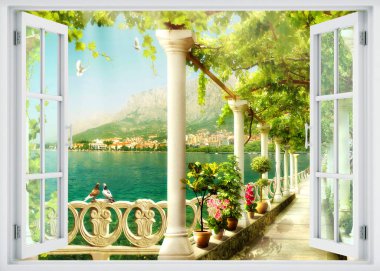 Parlak ve havadar, bu açık pencere canlı yeşil ve görkemli dağlarla çevrili sakin bir göl manzarasını gözler önüne seriyor. Saksı bitkileri ve dekoratif parmaklıklar sahneyi aydınlatırken yumuşak güneş ışığı da cennet atmosferini güzelleştiriyor.