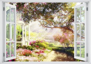 Bir çift açık pencere, canlı çiçekler ve yeşilliklerle dolup taşan nefes kesici bir bahçe sergiliyor. Güneş ışığı ağaçların arasından süzülür, sakin manzarayı aydınlatır. Huzurlu bir gölet, etrafındaki güzelliği yansıtır.