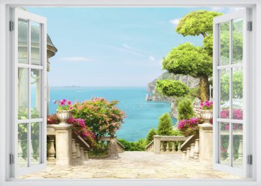 Parlak güneş ışığı açık bir pencereden süzülerek okyanusun ve uzak tepelerin nefes kesici manzarasını gözler önüne seriyor. Çiçek açan bitkiler pencerenin etrafını sararak davetkar atmosferi arttırıyor. Bu sakin açık hava manzarası sükuneti ve doğal güzelliği yansıtıyor.