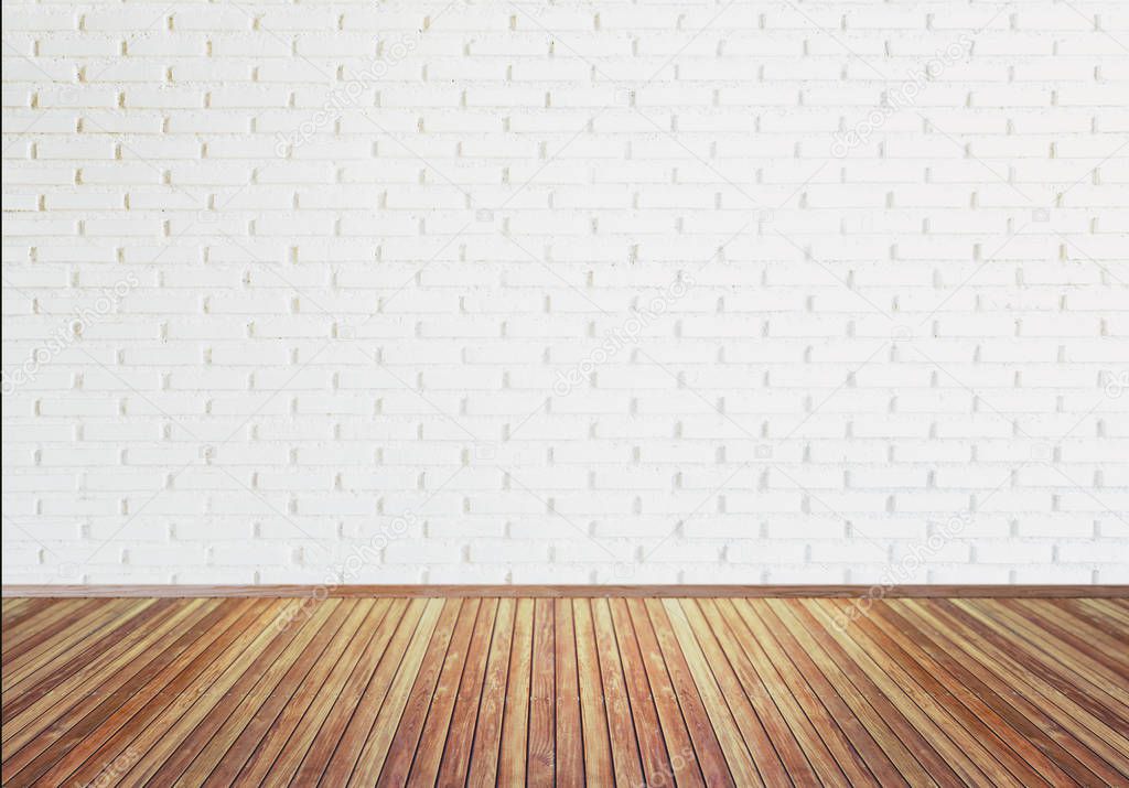 Vintage old  wooden floor texture with white brick wall for background