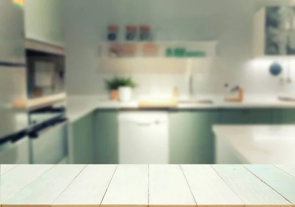 Wood Table Top Blurred Kitchen Background — Stock Photo, Image