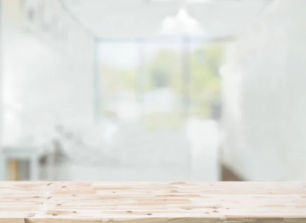 Houten Tafelblad Voor Wazig Slaapkamer Interieur Achtergrond — Stockfoto