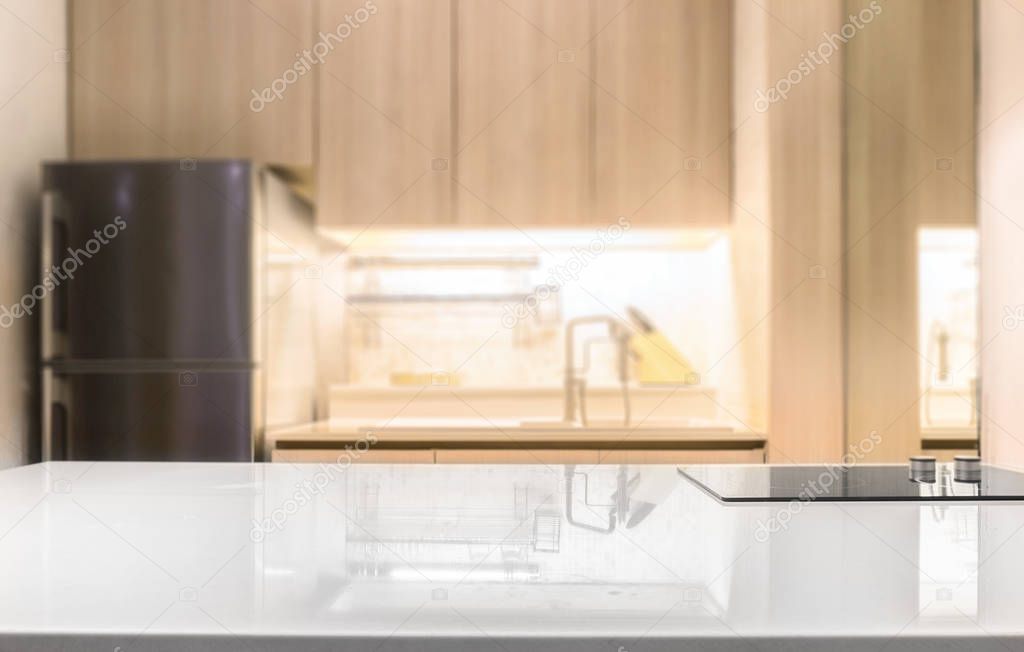 white glossy countertop and  on blur kitchen room background 