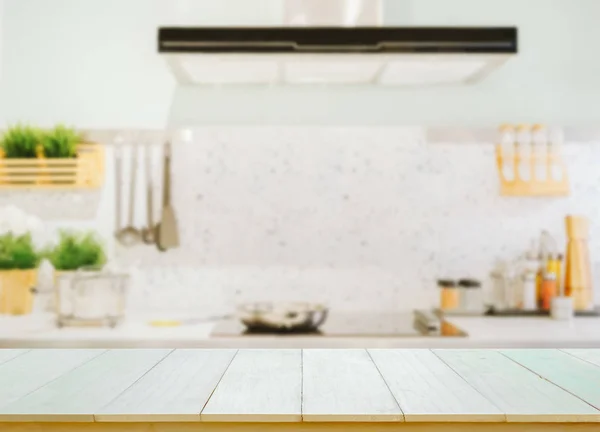 Wood Table Top Blurred Kitchen Background — Stock Photo, Image