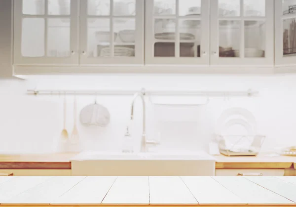 Wood Table Top Blurred Kitchen Background — Stock Photo, Image