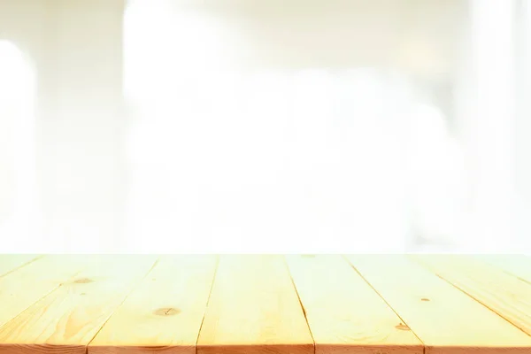 Wooden Table Top Front Blurred Bedroom Interior Background — Stock Photo, Image