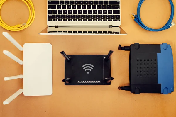 Flat Lay Office Table Wifi Router Computer Supplies Top View — Stock Photo, Image