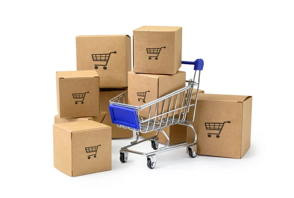 Boxes in a trolleyon white background — Stock Photo, Image