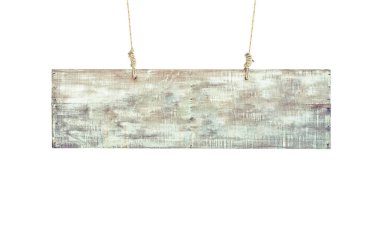 beyaz arka plan üzerinde bir ip üzerinde asılı boş ahşap işaretler.