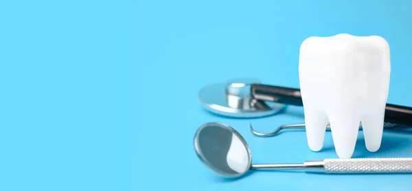 Dental model and dental equipment on Grey background, concept im — Stock Photo, Image