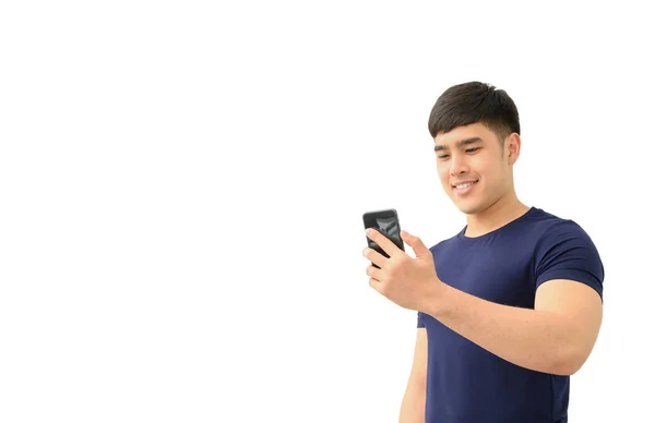 Glücklicher Mann mit Smartphone isoliert auf weißem Hintergrund mit cl — Stockfoto