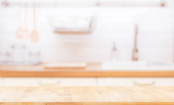 Hout Tafelblad Wazige Keuken Kamer Achtergrond Kan Worden Gebruikt Voor — Stockfoto