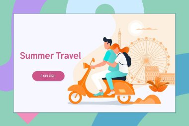 Bir scooter üzerinde seyahat çift. Yaz tatili, turizm ve yolculuk, çift hareket eder. Düz vektör çizim