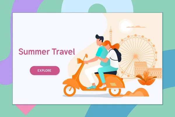 Casal viajando em uma scooter.Summer férias, turismo e viagem, casal viaja. Ilustração vetorial plana —  Vetores de Stock