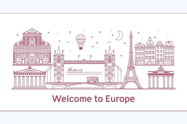 Welcome Europeposter Famous Attractions Illustration — Stock Vector