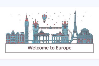 Europeposter için ünlü turistik illüstrasyon ile hoş geldiniz..