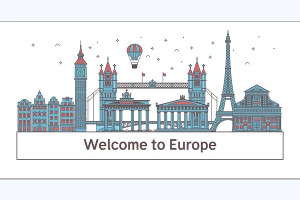 Welcome Europeposter Famous Attractions Illustration — Stock Vector