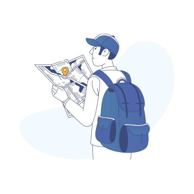 Adam turist haritaya bakıyordum. Zamanda yolculuk. Yolculuk. Gezi. Seyahat