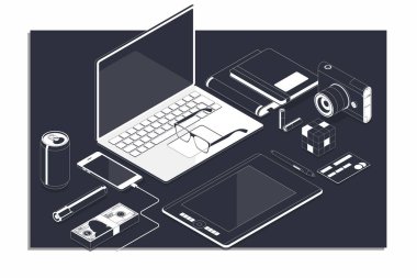 İzometrik bilgisayar ve ofis donanımları ile İşyeri kavramı.