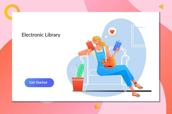 E-Book E-Learning elektronisches Mobilitätskonzept für das Internet. Junge Frau sitzt zu Hause auf modernem Stuhl und entspannt in ihrem Wohnzimmer und liest Buch — Stockvektor
