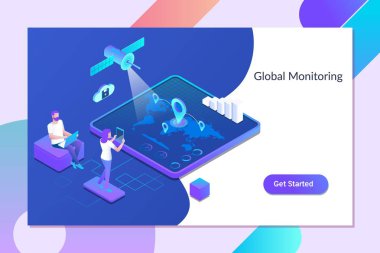 Küresel izleme sistemi. Denetim masasında insanlar küresel izleme sistemleri ile etkileşim. Sanal dünya haritası. Modern vektör izometrik stili.