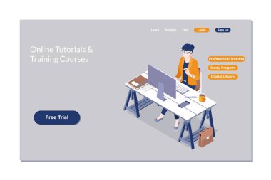 Online eğitim, öğrenme, web kursu e. Online eğitim izometrik düz tasarım.