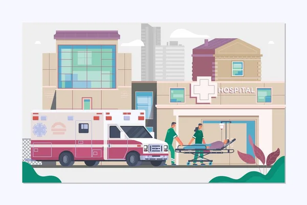 Medicin ambulanskonceptet i platt stil. Ambulanspersonal och läkare lossning patient från ambulans — Stock vektor