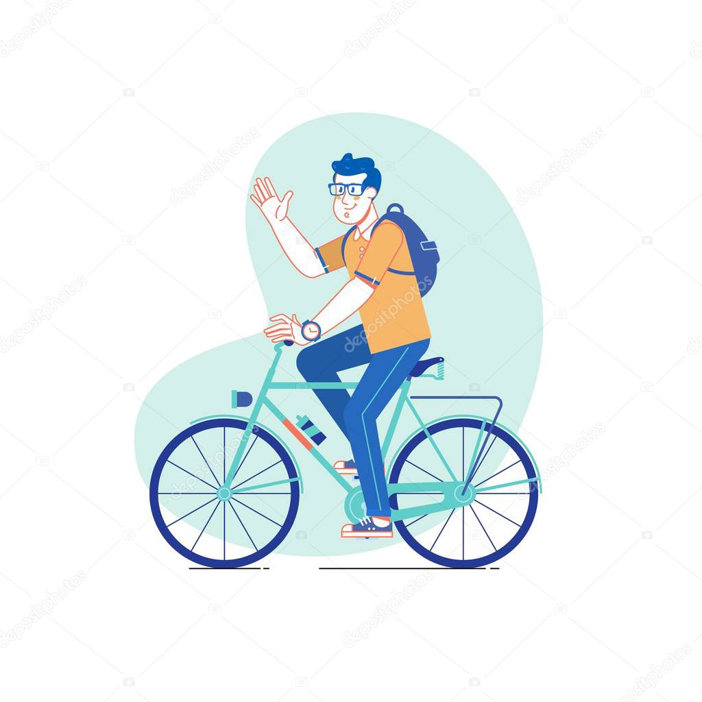 City style man riding on a bicycle.Vector line drawing flat illustration