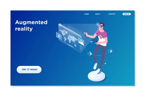 Šablona Stránky Přistání Virtuální Realita Člověka Futuristickou Technologií Zobrazení Koncept — Stockový vektor
