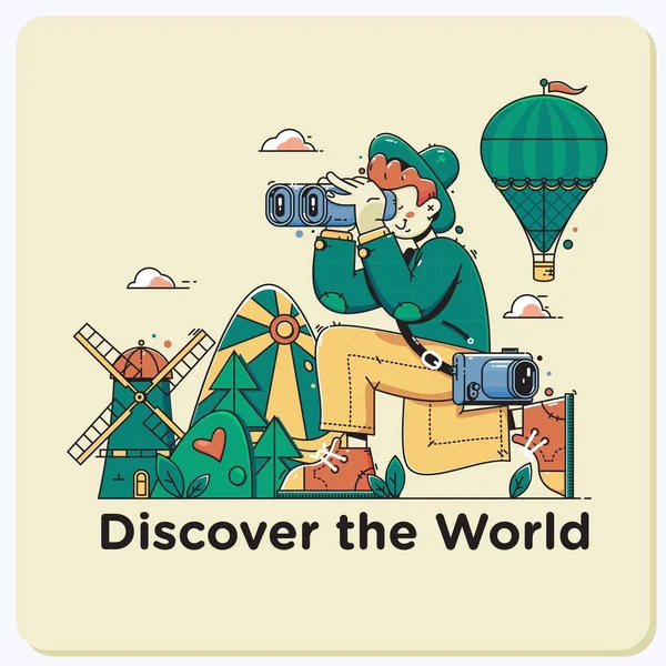 Descubra o mundo.Viaje explorar, descobrir e viajar para o mundo. Turista olhando através de binóculos no país —  Vetores de Stock