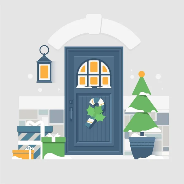 クリスマス休暇の家のドアの装飾 冷凍で窓の中の光 雪が降っていると居心地の良い冬の外観 — ストックベクタ