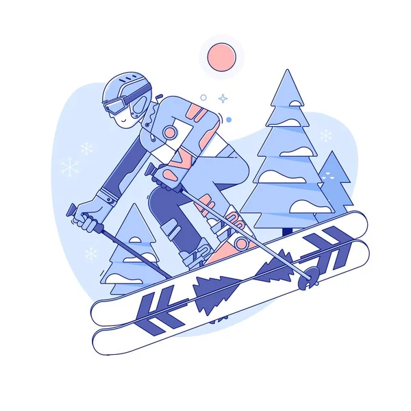 Esqui esquiador na estância de esqui. Descanso atividades de inverno. Ilustração do vetor de linha — Vetor de Stock