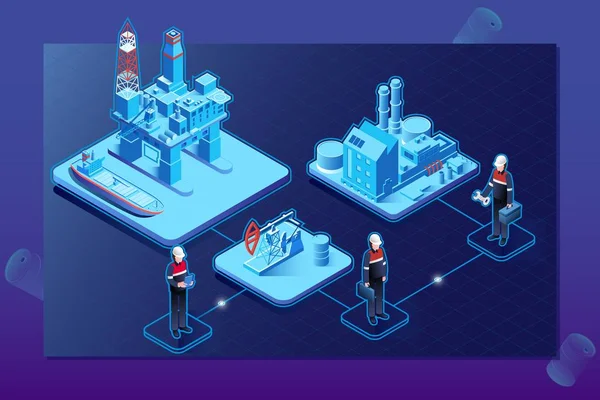 Diagrama Flujo Isométrico Industria Del Gas Petrolífero Con Plataforma Offshore — Vector de stock